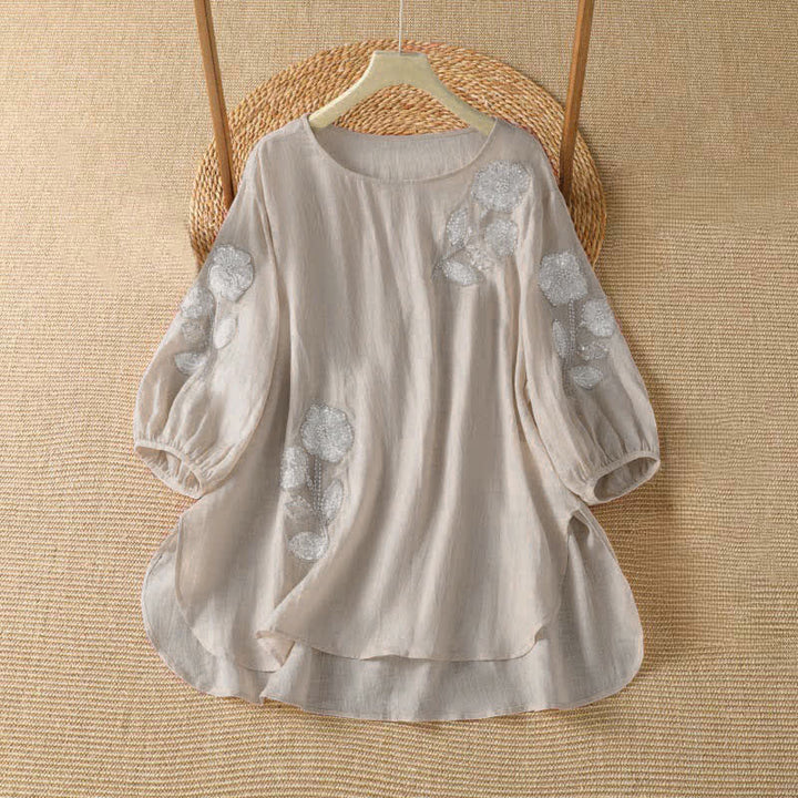 Buddha Stones 夏物カジュアルエレガント刺繍入りホワイト花柄クルーネックレディース長袖Tシャツ - ミスティローズ - US14, UK/AU18, EU46 （2XL） - image 0