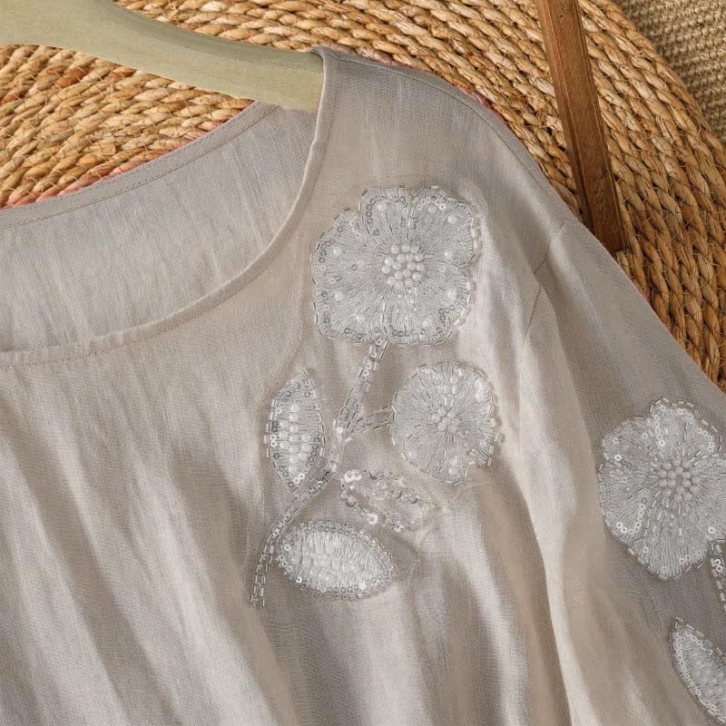 Buddha Stones 夏物カジュアルエレガント刺繍入りホワイト花柄クルーネックレディース長袖Tシャツ - image 2