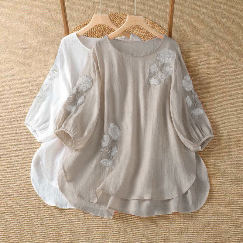 Buddha Stones 夏物カジュアルエレガント刺繍入りホワイト花柄クルーネックレディース長袖Tシャツ - image 8
