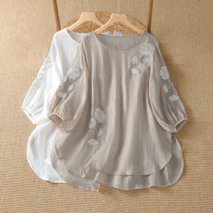 Buddha Stones 夏物カジュアルエレガント刺繍入りホワイト花柄クルーネックレディース長袖Tシャツ - image 8