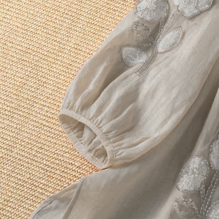 Buddha Stones 夏物カジュアルエレガント刺繍入りホワイト花柄クルーネックレディース長袖Tシャツ - image 4