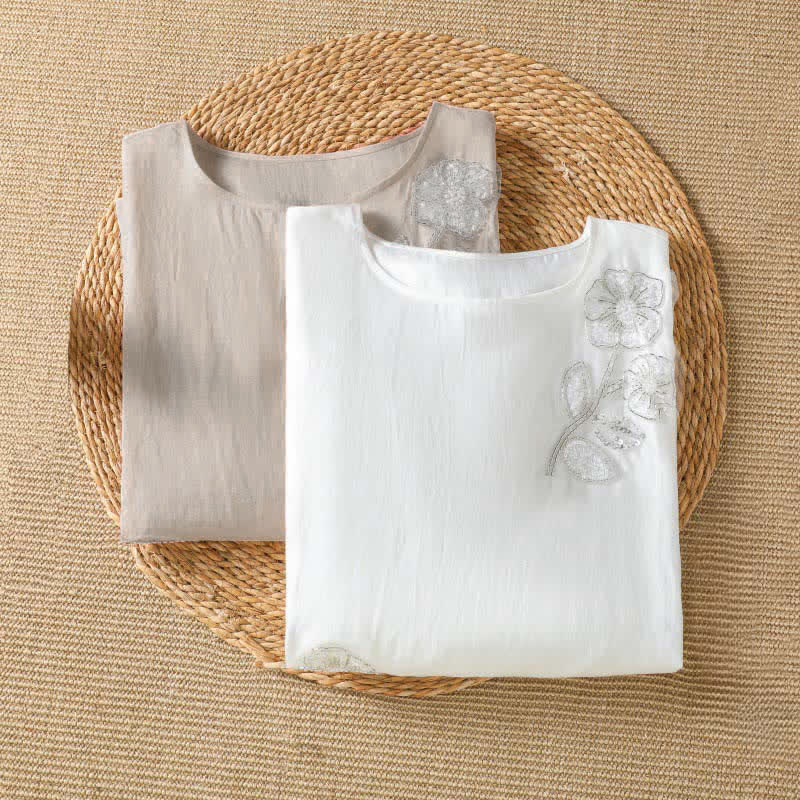 Buddha Stones 夏物カジュアルエレガント刺繍入りホワイト花柄クルーネックレディース長袖Tシャツ - image 9