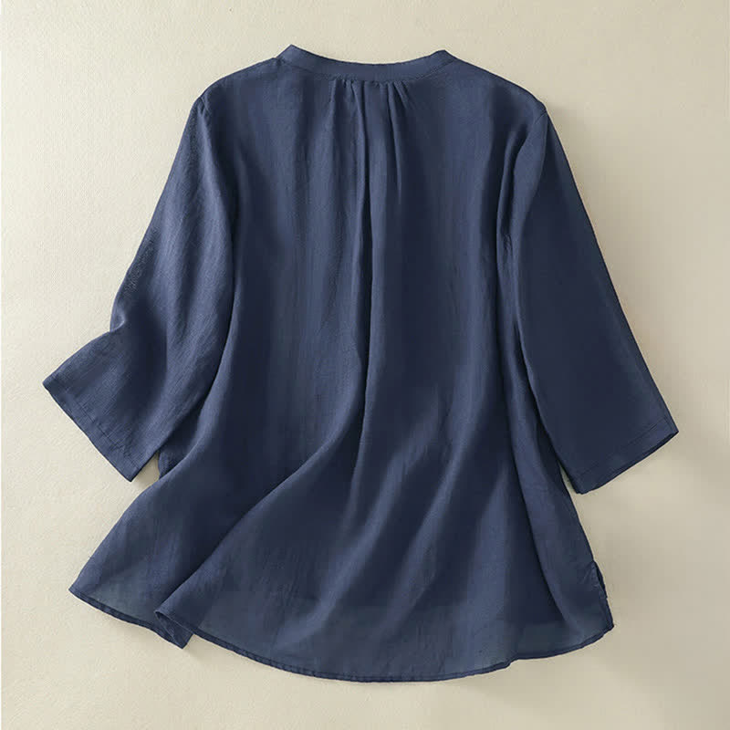 Buddha Stones刺繍入りプリーツデザインスタンドカラー七分袖サイドスリット裾レディースシャツ - image 1