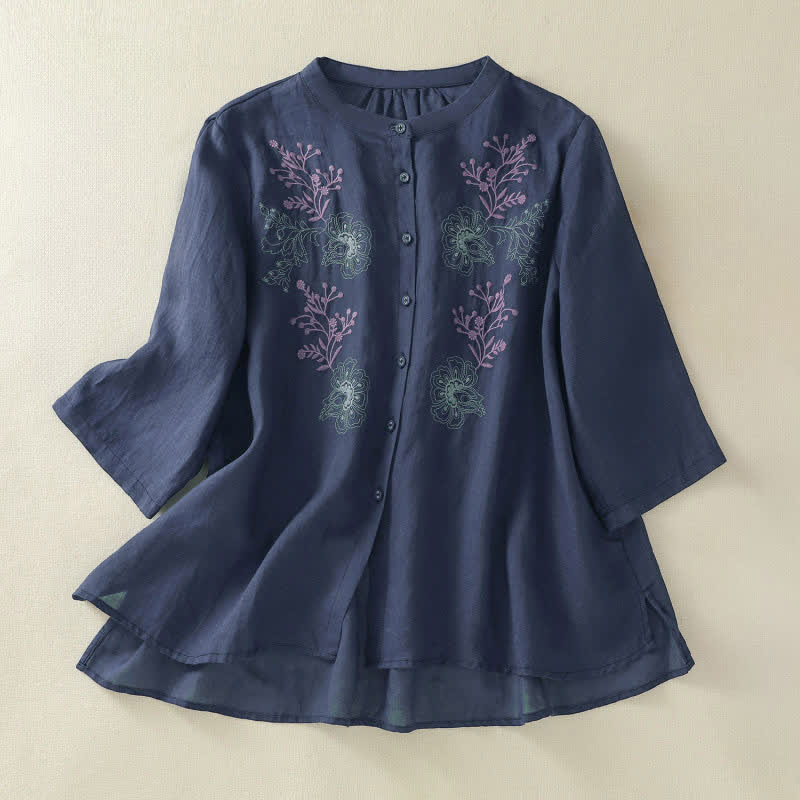 Buddha Stones刺繍入りプリーツデザインスタンドカラー七分袖サイドスリット裾レディースシャツ - ミッドナイトブルー - US8-10，UK/AU12-14，EU40-42 (2XL) - image 0