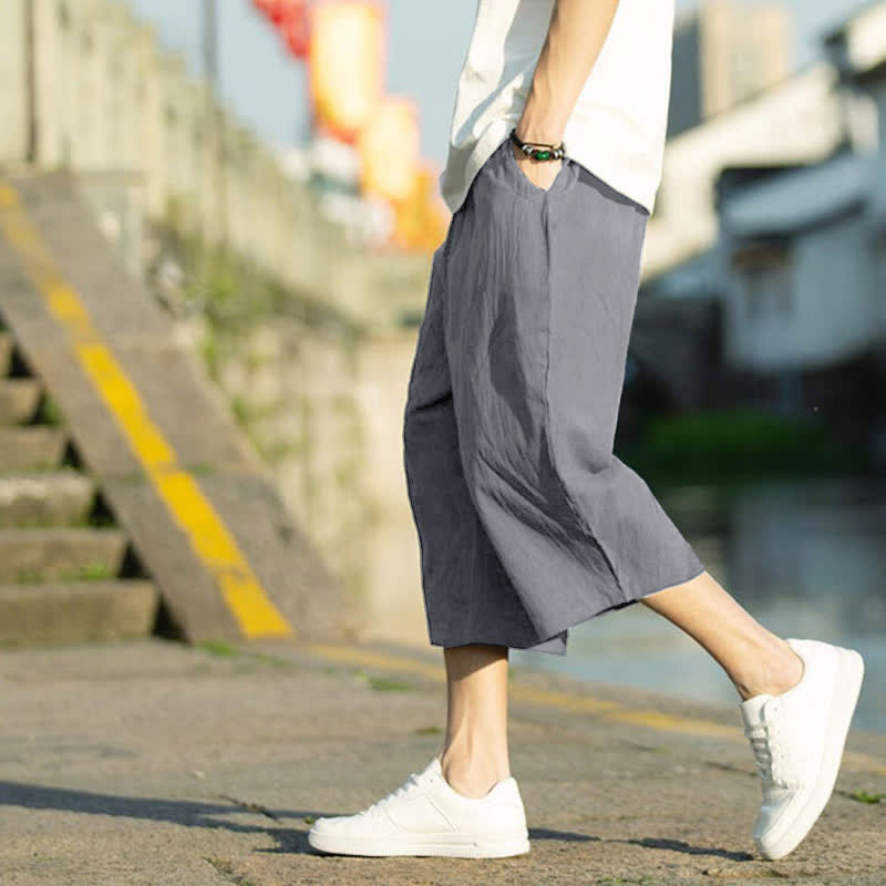 Buddha Stonesサマープレーンプリーツデザイン ドローストリング メンズ 7-8丈 パンツ ポケット付き - image 1
