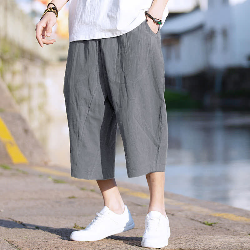 Buddha Stonesサマープレーンプリーツデザイン ドローストリング メンズ 7-8丈 パンツ ポケット付き - グレー - US/UK/AU46、 EU56 (5XL) - image 0