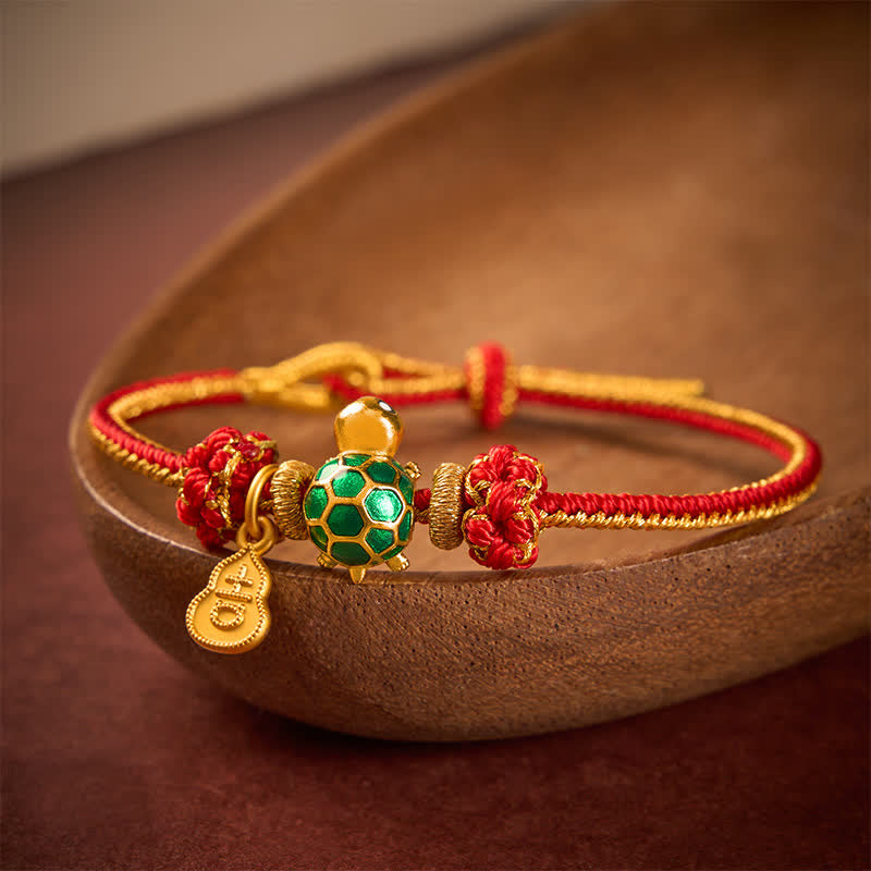 Buddha Stones 緑の亀と銅ひょうたんの赤紐の幸運のブレスレット - image 1