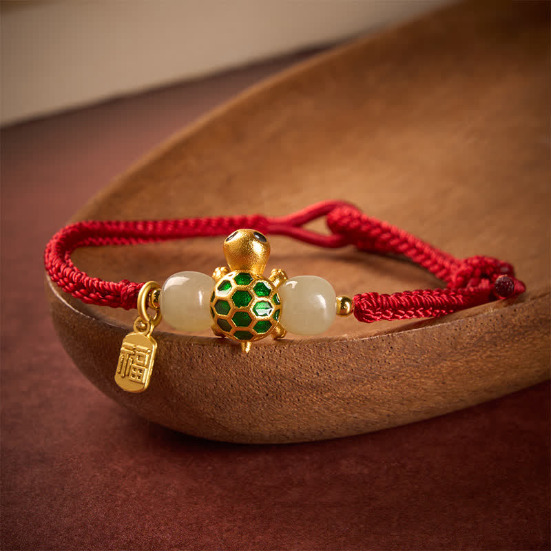 Buddha Stones 銅製の亀の福の文字入り和田玉赤赤紐幸運ブレスレット - image 1