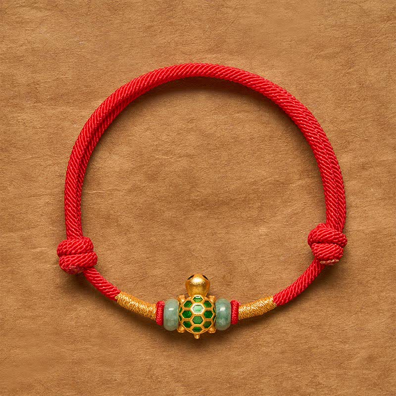 Buddha Stones 銅製亀と翡翠の福字幸運の赤紐ブレスレット - カメのブレスレット - 6.3～7.1インチ（16～18cm） - image 0