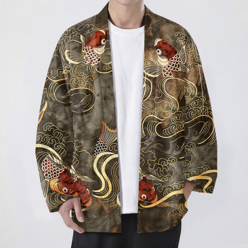 Buddha Stones 綿素材、赤い鯉と金色の波模様、前開きメンズ着物 - オリーブ - US/UK/AU48、 EU58 (4XL) - image 0