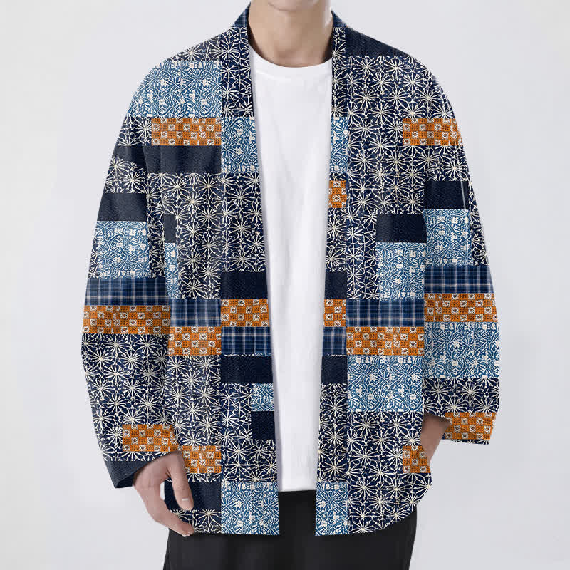 Buddha Stones コットンパッチワーク幾何学模様前開きメンズ着物 - 海軍 - US/UK/AU48、 EU58 (4XL) - image 0