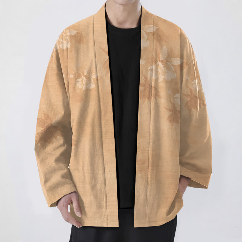 Buddha Stones 綿素材、繊細な花柄・葉柄、前開きメンズ着物 - タン - US/UK/AU48、 EU58 (4XL) - image 0