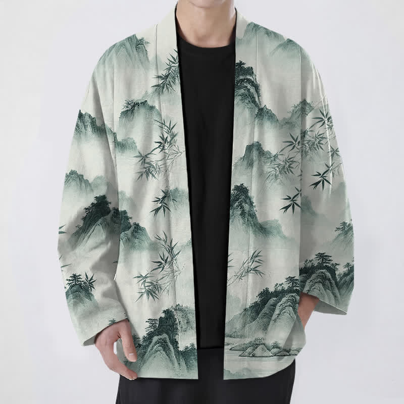 Buddha Stones 綿墨竹山風景柄前開き男性用着物 - ダークシーグリーン - US/UK/AU48、 EU58 (4XL) - image 0