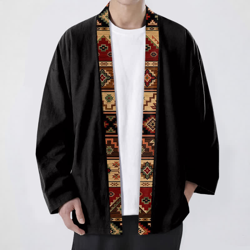 Buddha Stones コットン素材、部族風幾何学模様のトリム、前開きメンズ着物 - 黒 - US/UK/AU48、 EU58 (4XL) - image 0