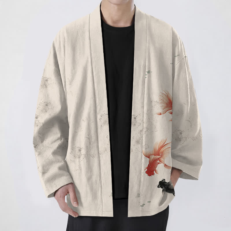 Buddha Stones 綿素材の鯉と波模様のオープンフロントメンズ着物 - リネン - US/UK/AU48、 EU58 (4XL) - image 0