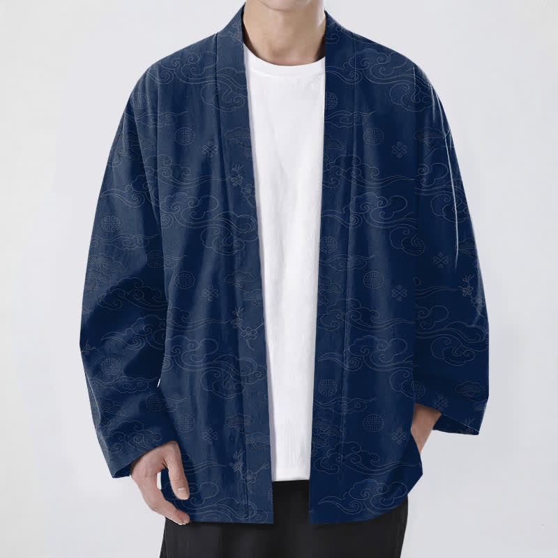 Buddha Stones 綿素材の吉祥雲柄オープンフロントメンズ着物 - 海軍 - US/UK/AU48、 EU58 (4XL) - image 0