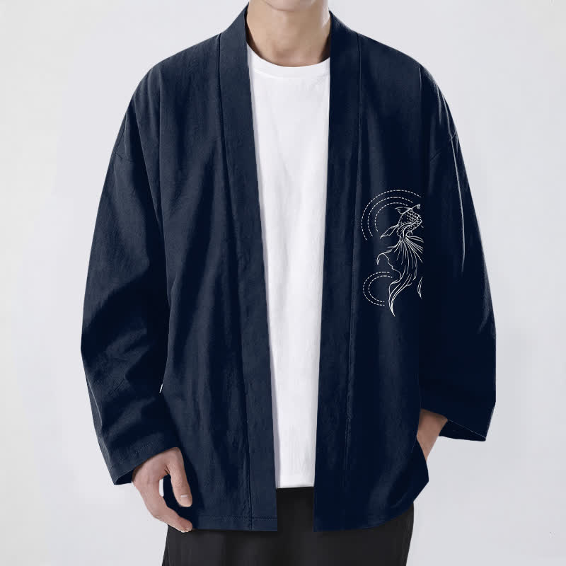 Buddha Stones 綿素材の白鯉の波模様前開きメンズ着物 - 海軍 - US/UK/AU48、 EU58 (4XL) - image 0