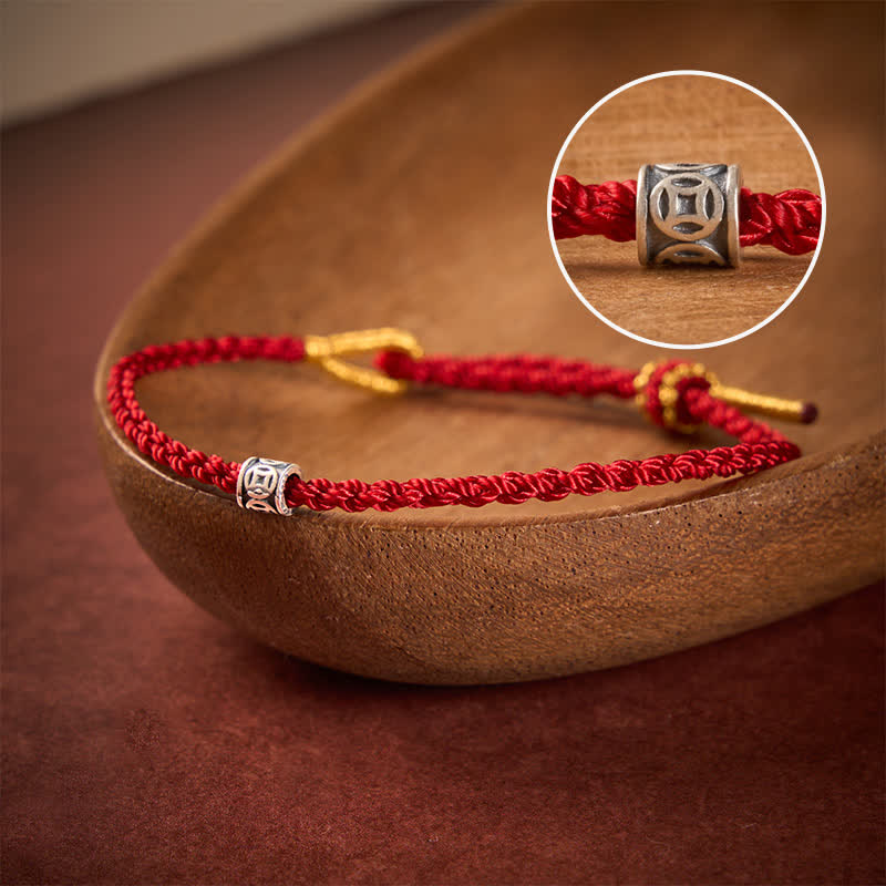 Buddha Stones 黒と赤紐製中国コイン保護ミニマリストブレスレット - 濃い赤紐 - 5.5～6.3インチ（14～16cm） - image 0