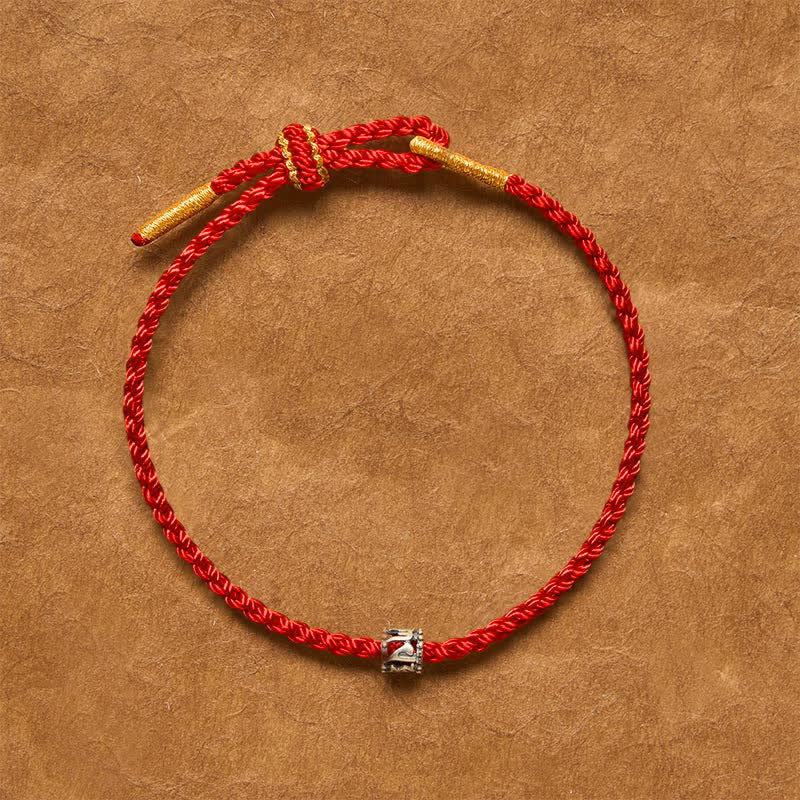 Buddha Stones 黒と赤紐925スターリングシルバー オム・オーム・マニ・パドメ・フムプロテクション ミニマリストブレスレット - image 1