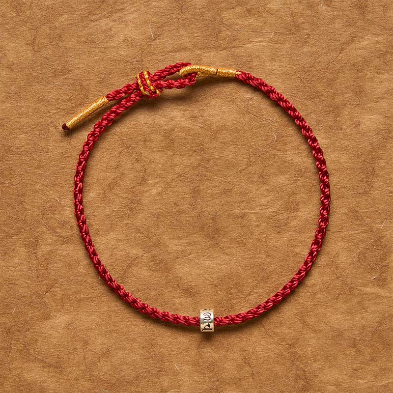 Buddha Stones 黒と赤紐925スターリングシルバー オム・オーム・マニ・パドメ・フム幸運 ミニマリストブレスレット - image 1