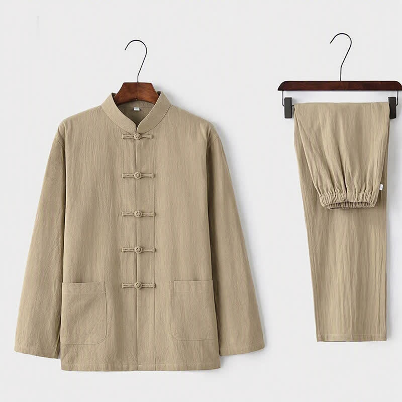 Buddha Stones2点セット 唐装 伝統的な蛙ボタン制服 長袖シャツ パンツ メンズセット - ベージュ - US/UK/AU44、EU54（5XL） - image 0