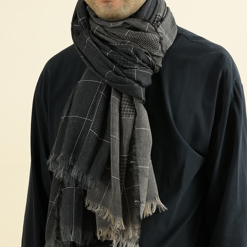 Buddha Stones秋冬 ダークグリッド タッセル レイヤリング メンズスカーフ - image 0