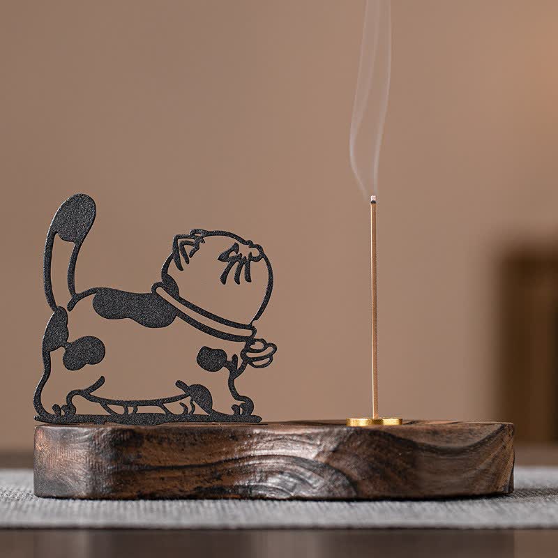 Buddha Stones ヴィンテージ風アイアン製猫型ランプポスト、木製台座付き瞑想用香炉 - 猫の横顔 - image 0
