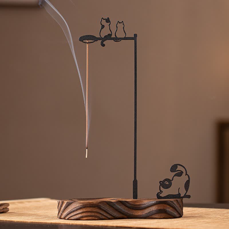 Buddha Stones 木製猫のシルエット瞑想用香炉 - 猫 - image 0
