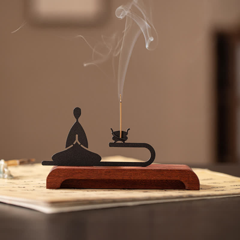 Buddha Stones 禅僧風の天然木と鉄製の瞑想用香炉 - 瞑想する僧侶 - image 0