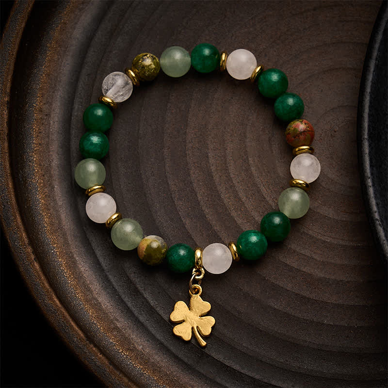 Buddha Stones グリーンアベンチュリンの四つ葉のクローバーの幸運を呼ぶラウンドビーズブレスレット - image 1