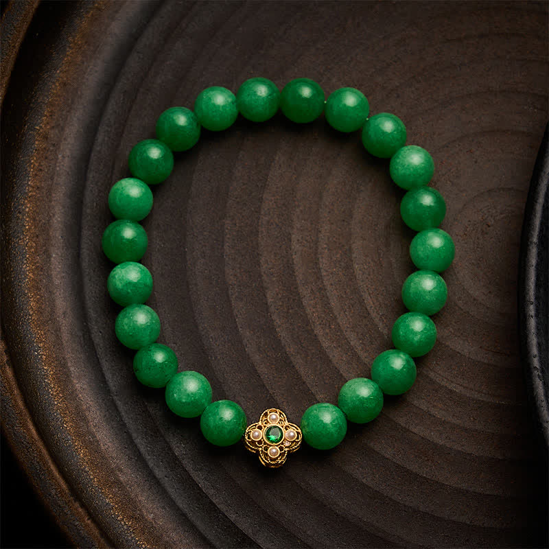 Buddha Stones 天然クォーツァイト翡翠ビーズの花のピースブレスレット - クォーツァイトジェイド（手首周り：5.9～6.3インチ／15～16cm） - image 0