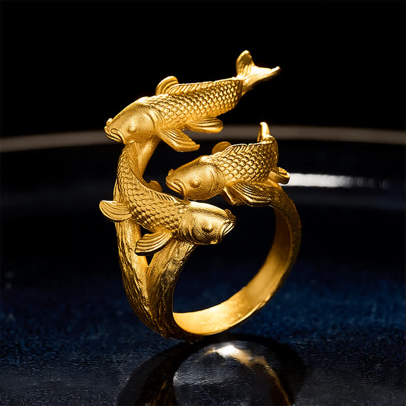 Buddha Stones レトロ合金製 三鯉の富のオープンリング - 鯉(US7) - image 0