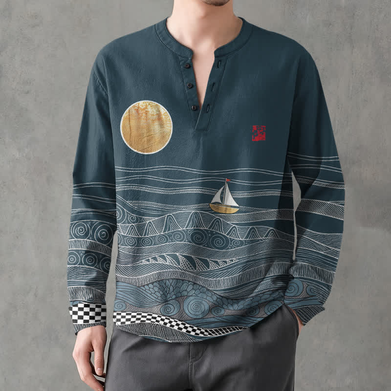Buddha Stones コットン素材、オーシャンウェーブ、ヨット、月柄、Vネック、ボタン付き、メンズ長袖シャツ - カデットブルー - US/UK/AU48、 EU58 (4XL) - image 0