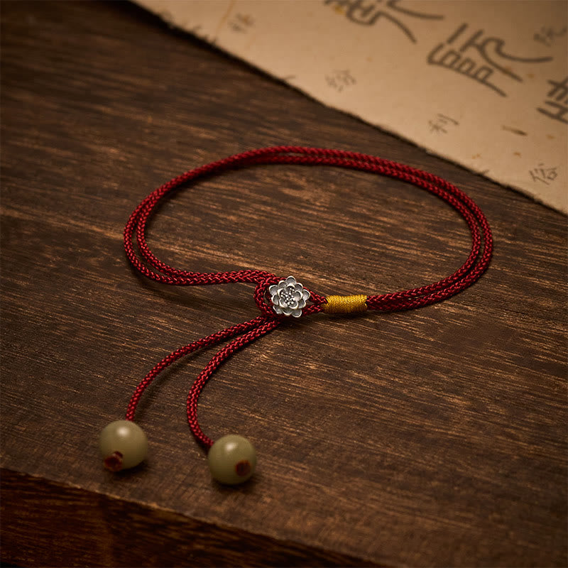 Buddha Stones 925スターリングシルバー製ロータスピュリティ ヴィンテージ編み込み赤紐ブレスレット - ロータス（手首周り：14～18cm） - image 0