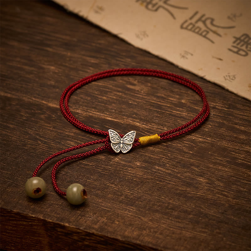Buddha Stones 925スターリングシルバー製、蝶の保護をモチーフにしたヴィンテージ風編み込み赤紐ブレスレット - バタフライ（手首周り：14～18cm） - image 0