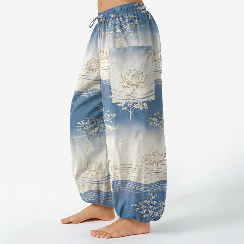Buddha Stones コットン素材、蓮の波模様、ウエストゴム、サイドポケット付きレディースハーレムパンツ - image 1