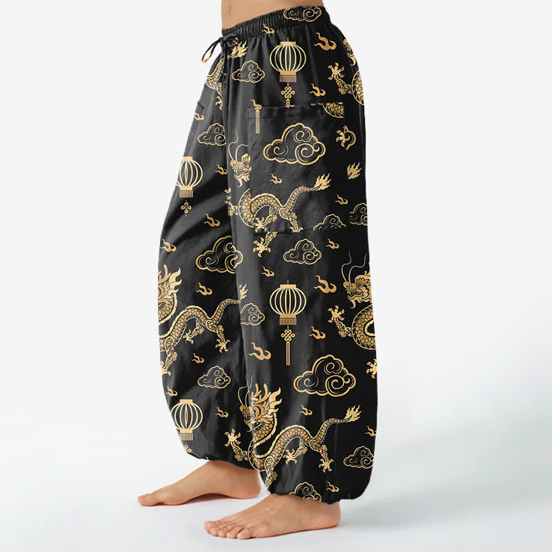 Buddha Stones 綿素材、金龍提灯柄、レディース、ウエストゴム、サイドポケット付きハーレムパンツ - image 1