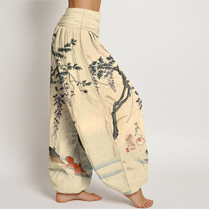 Buddha Stones コットン製鯉と藤柄のレディースゴムウエストハーレムパンツ - image 1