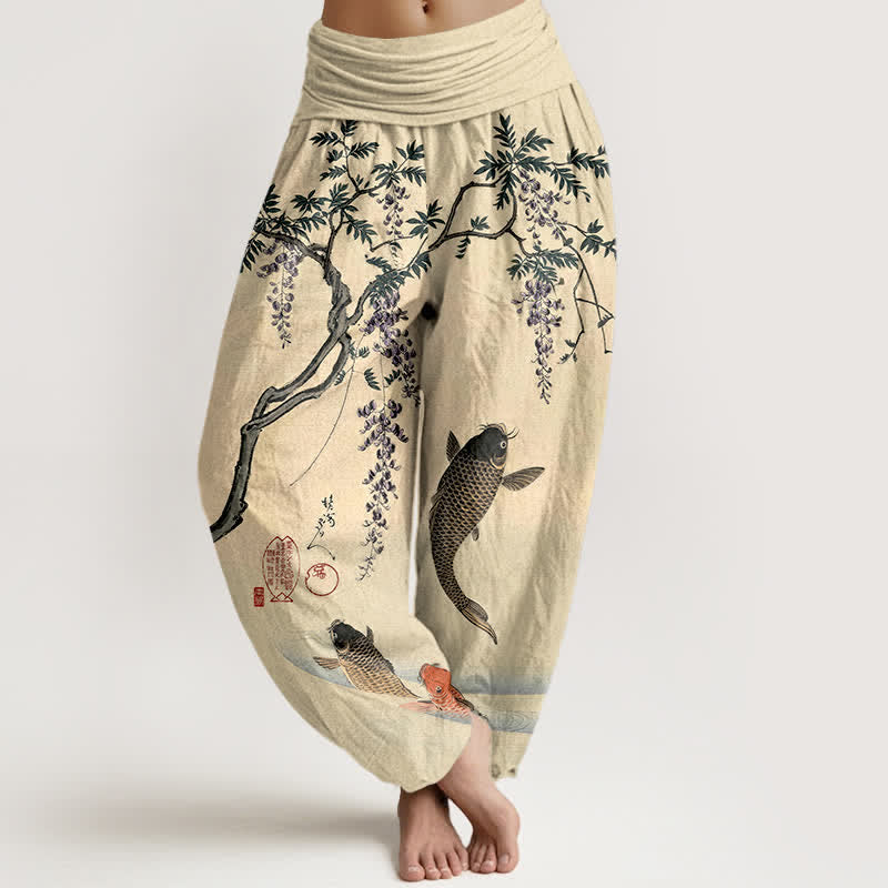 Buddha Stones コットン製鯉と藤柄のレディースゴムウエストハーレムパンツ - レモンシフォン - US16、 UK/AU20、 EU48 (3XL) - image 0