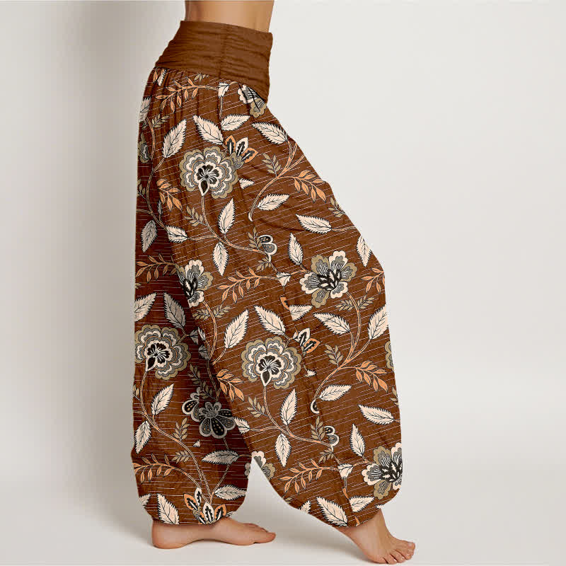 Buddha Stones コットン素材、ヴィンテージ風花柄、つる模様、ウエストゴム入りレディースハーレムパンツ - image 1