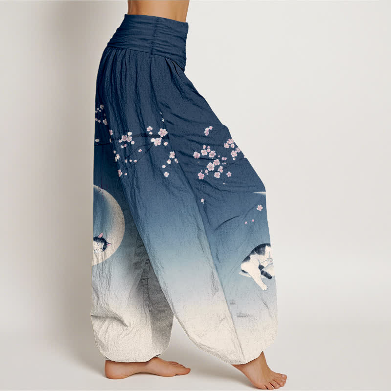 Buddha Stones 綿素材の桜月猫柄レディースゴムウエストハーレムパンツ - image 1