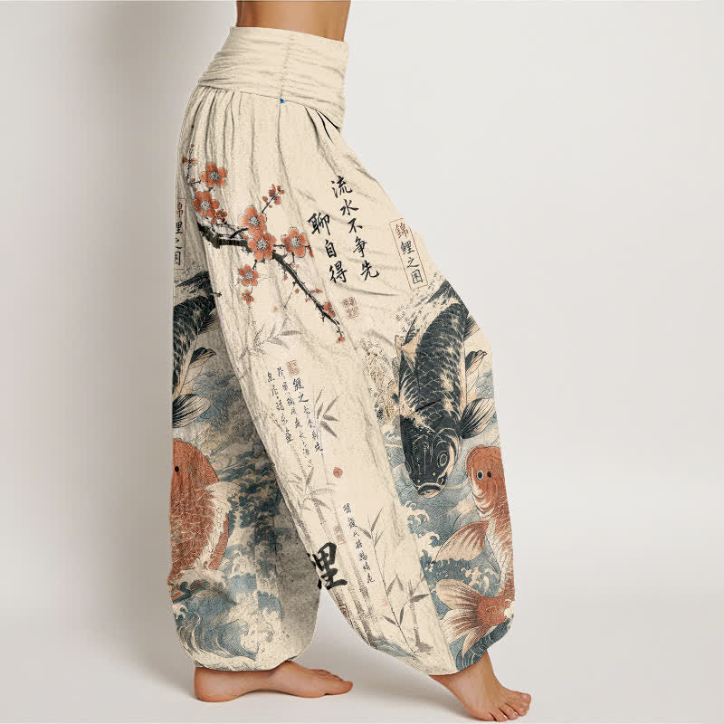 Buddha Stones コットン素材の鯉の書道柄入りレディースゴムウエストハーレムパンツ - image 1