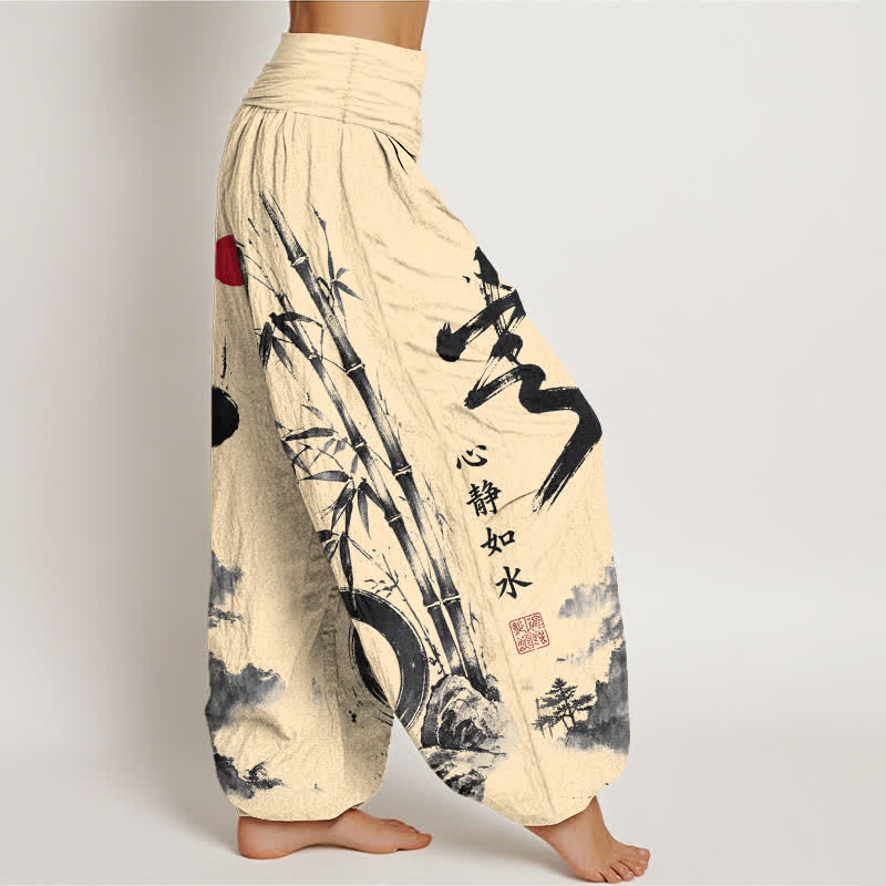 Buddha Stones コットン竹墨風景柄 レディース ゴムウエスト ハーレムパンツ - image 1