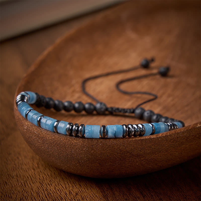 Buddha Stones アクアマリン溶岩石の透明感とシルバートーンのアクセントブレスレット - image 1