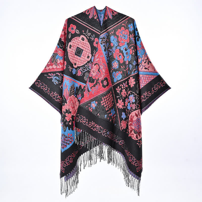 Buddha Stones 秋冬 ボヘミアン風 花柄パッチワーク タッセル付き レディース ショール - image 1