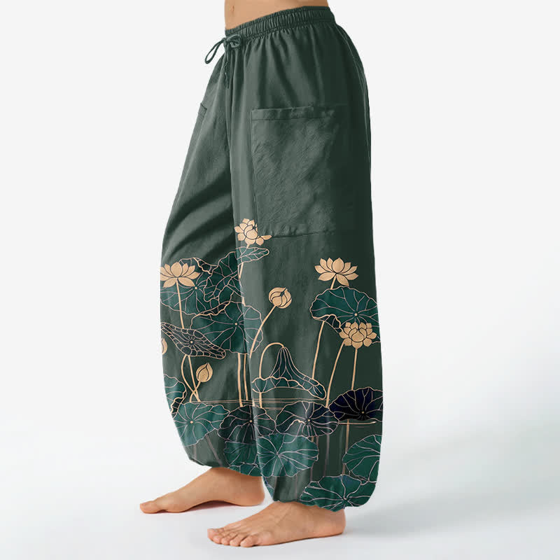 Buddha Stones コットン素材、禅蓮園柄、レディース用ゴムウエストハーレムパンツ（サイドポケット付き） - image 1