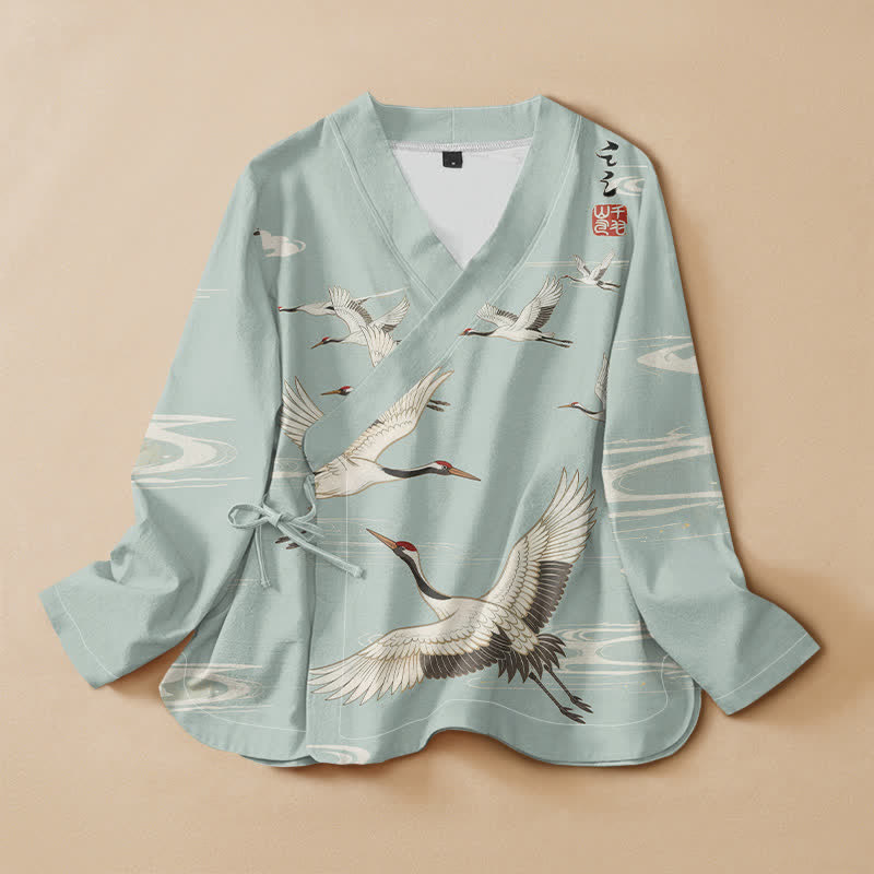 Buddha Stones飛鶴 水面波紋プリント 漢服風 ラップ Vネック レースアップ レディース 長袖シャツ 着物 - ペールターコイズ - US16、 UK/AU20、 EU48 (3XL) - image 0