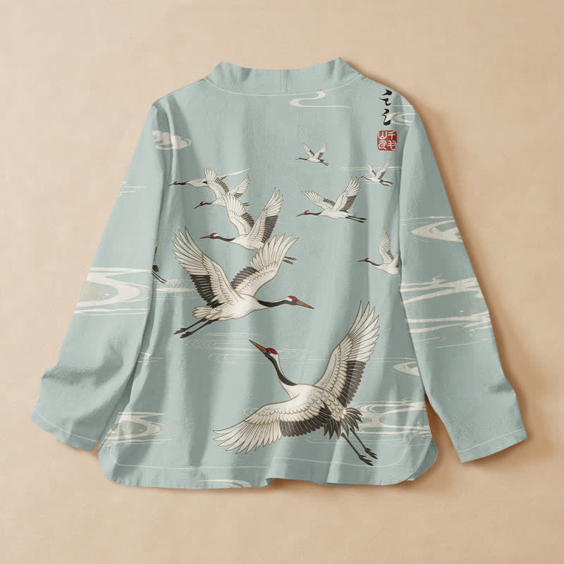 Buddha Stones飛鶴 水面波紋プリント 漢服風 ラップ Vネック レースアップ レディース 長袖シャツ 着物 - image 1