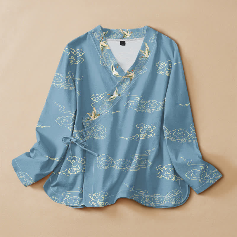 Buddha Stonesコットン雲鶴プリント漢服風ラップVネックレースアップレディース長袖シャツ着物 - 水色 - US16、 UK/AU20、 EU48 (3XL) - image 0