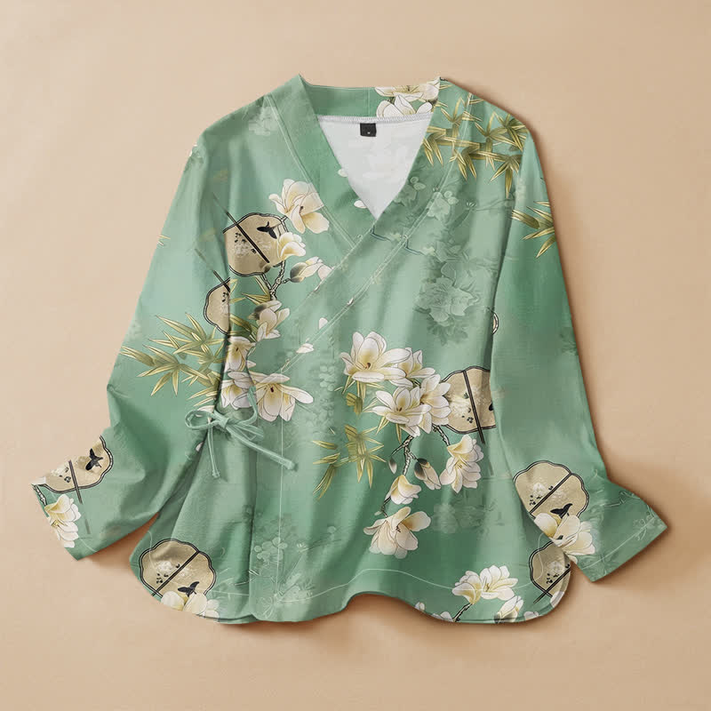 Buddha Stonesコットンマグノリア竹扇プリント漢服風ラップVネックレースアップレディース長袖シャツ着物 - ミディアムアクアマリン - US16、 UK/AU20、 EU48 (3XL) - image 0